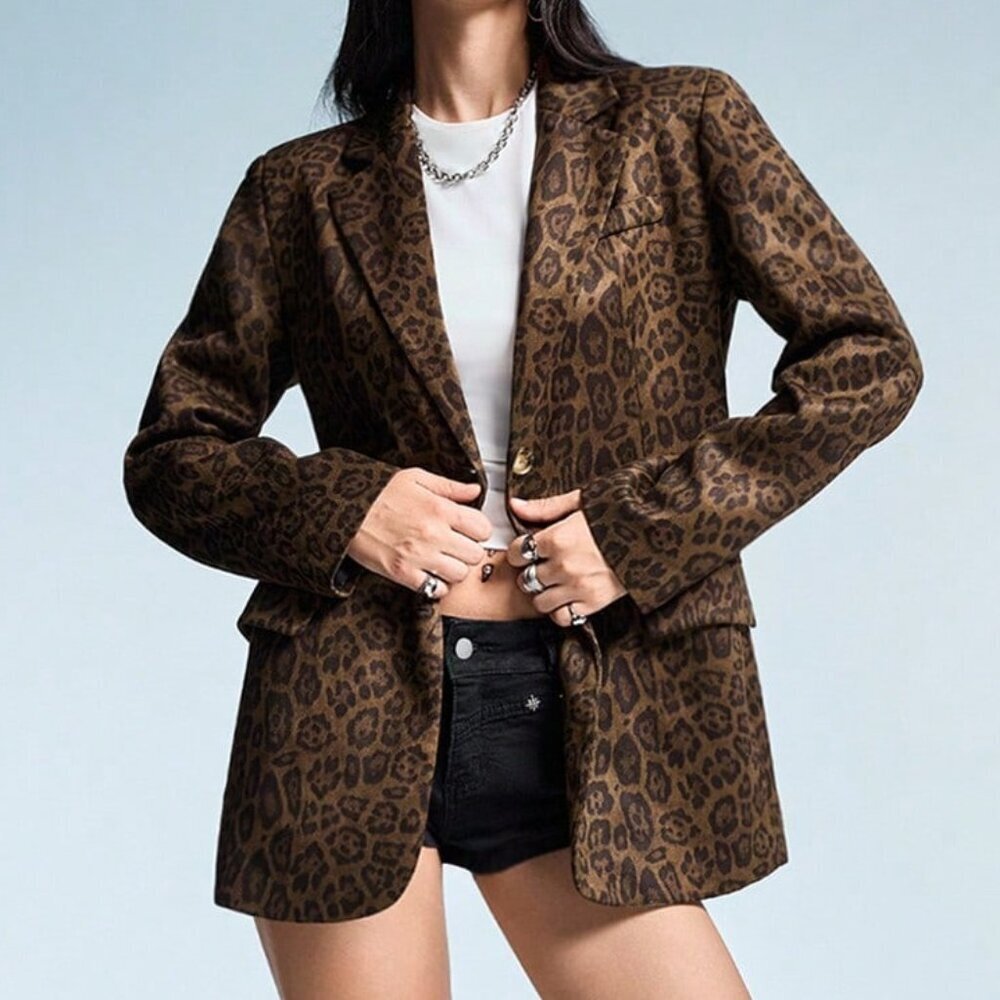 Multicolor Casual Women's Leopard Print Blazer Jacket - Picture 3 of 8